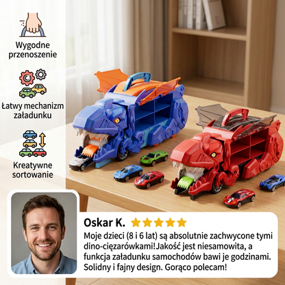 Ciężarówka z samochodami i dinozaurem