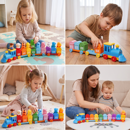 Edukcyjny pociąg Montessori z cyframi i motywem farmy