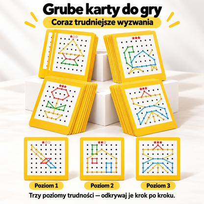 Drewniana gra bitewna Montessori – Geometria z kolorowymi gumkami