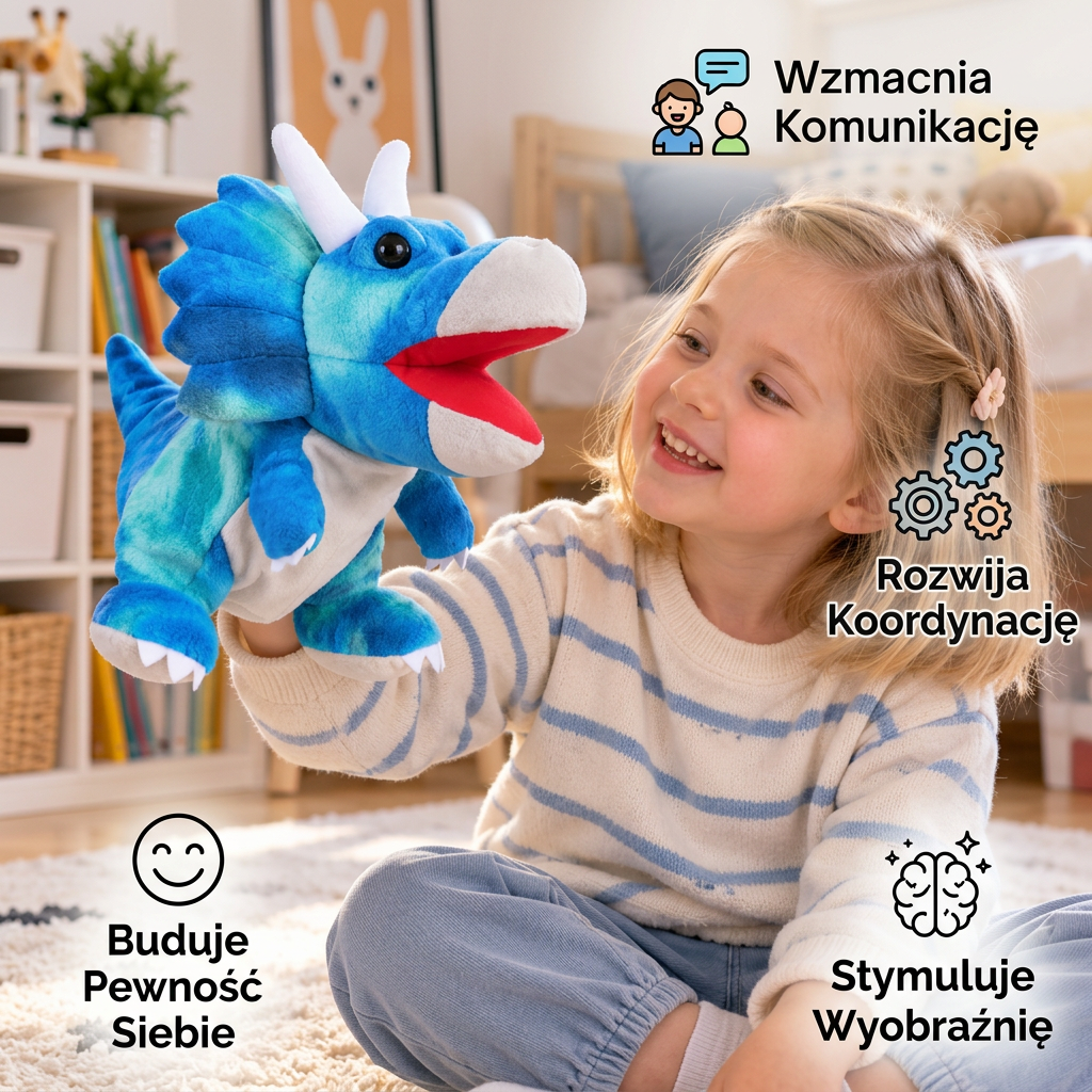 Zabawna pluszowa pacynka na rękę w kształcie dinozaura