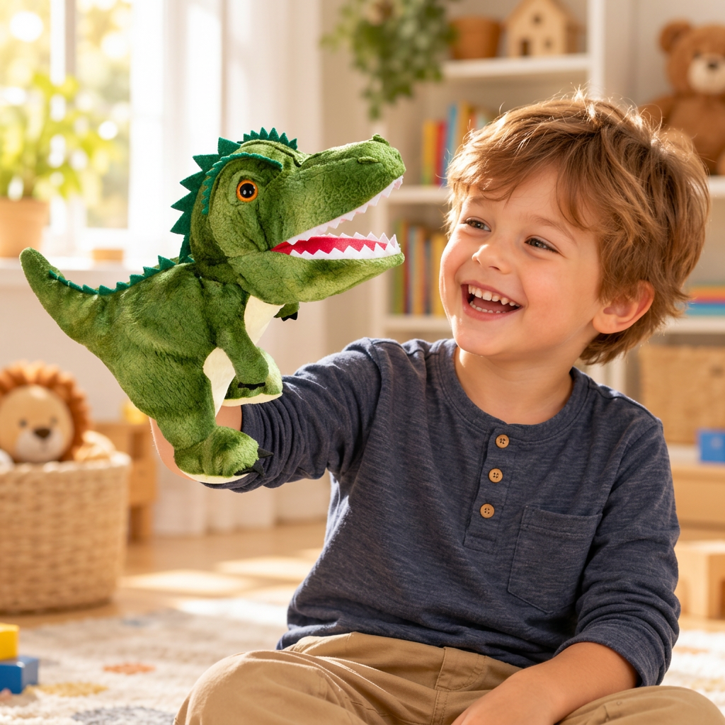Zabawna pluszowa pacynka na rękę w kształcie dinozaura