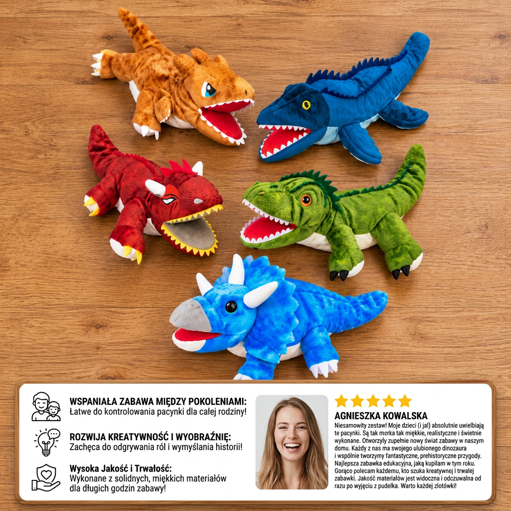 Zabawna pluszowa pacynka na rękę w kształcie dinozaura