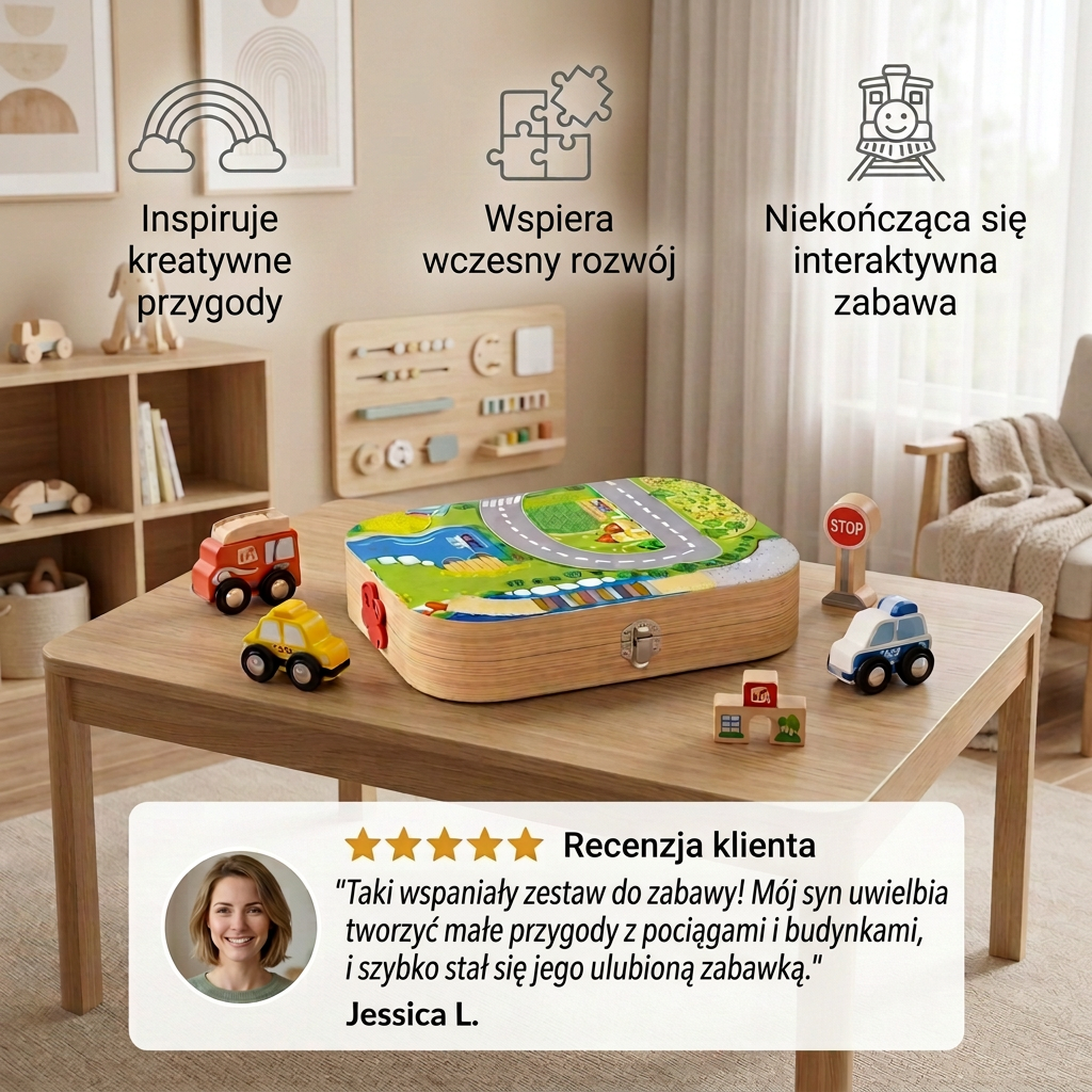 Drewniany zestaw podróżny z klockami miejskimi i torem kolejowym
