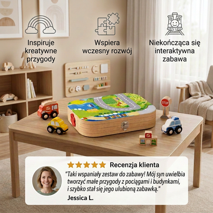 Drewniany zestaw podróżny z klockami miejskimi i torem kolejowym