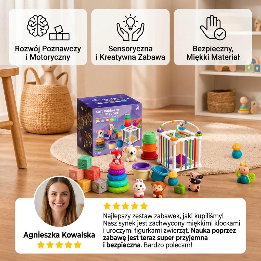 26-elementowy miękki gumowy zestaw sensoryczny Montessori 5 w 1 dla niemowląt z zabawkami do układania i sortowania