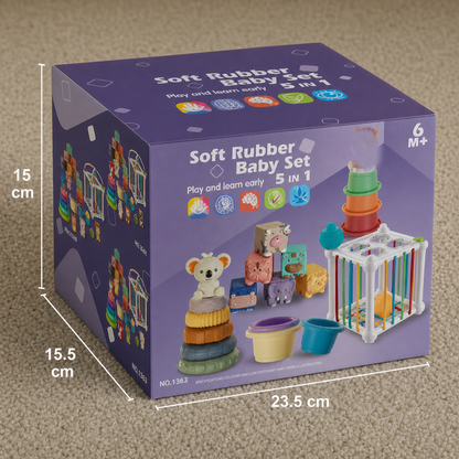 26-elementowy miękki gumowy zestaw sensoryczny Montessori 5 w 1 dla niemowląt z zabawkami do układania i sortowania
