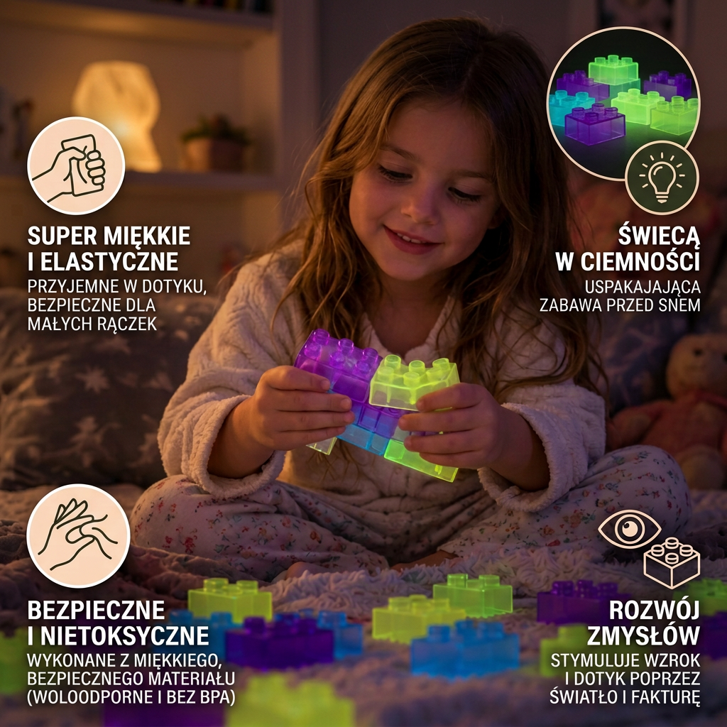Świecące w ciemności żelowe klocki Squishy dla dzieci – bezpieczne i miękkie