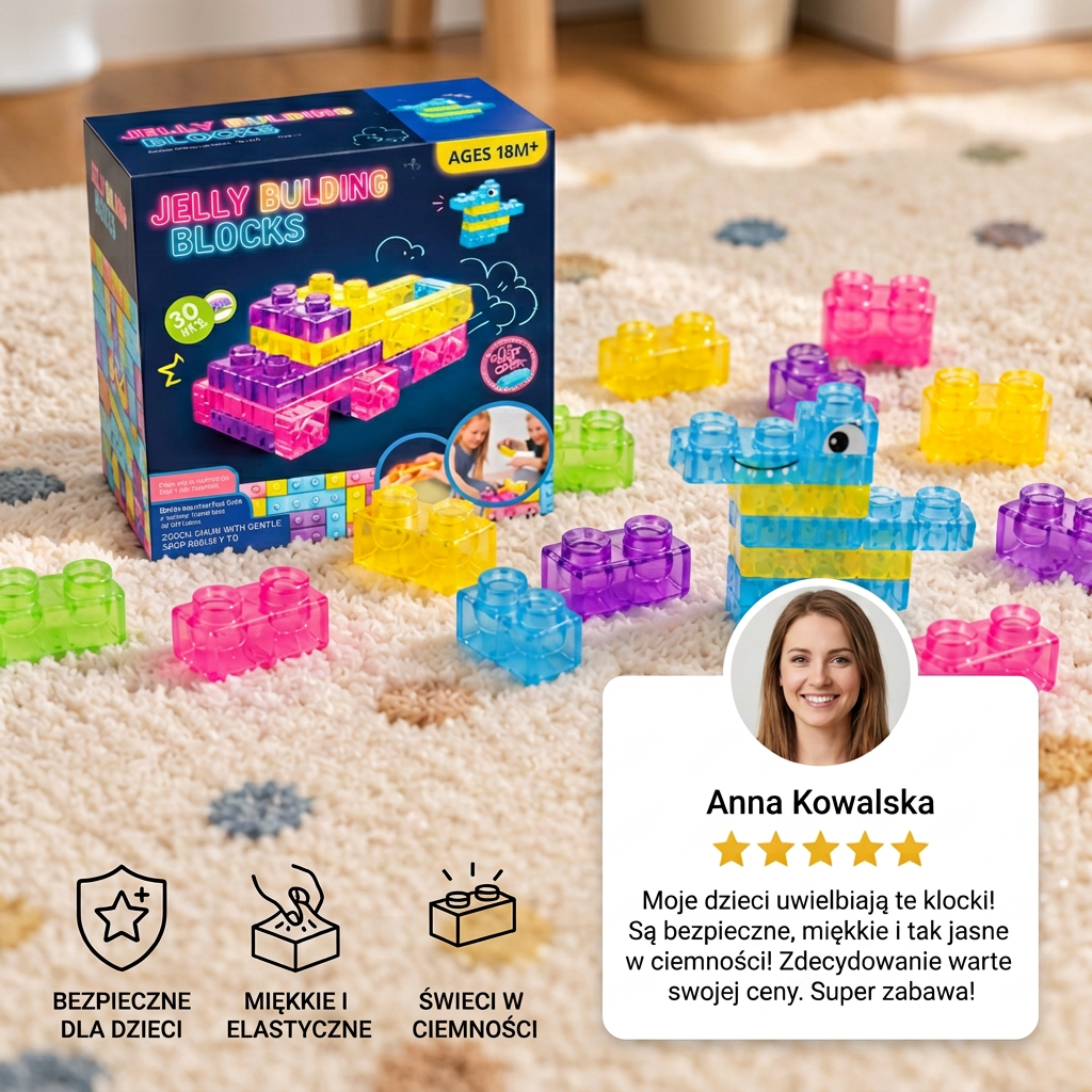 Świecące w ciemności żelowe klocki Squishy dla dzieci – bezpieczne i miękkie