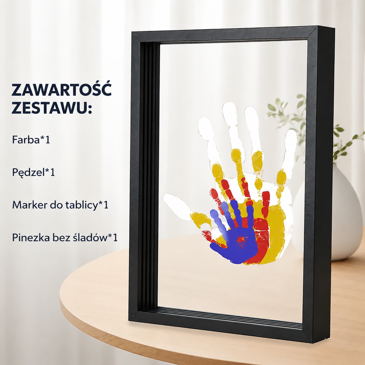 Zestaw DIY do wykonania drewnianej ramki na zdjęcie z odciskiem dłoni – pamiątka rodzinna z farbami